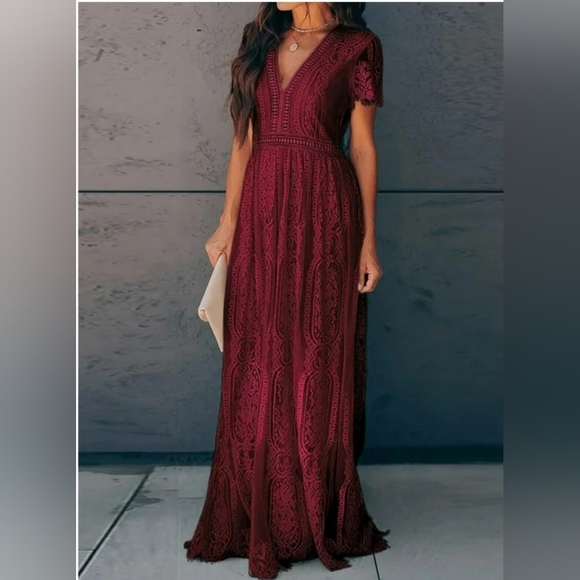Dokotoo Dresses & Skirts - Dokotoo Women's Red V Neck Lace Dress Long Party Wedding Dresses Short Sleeve xl